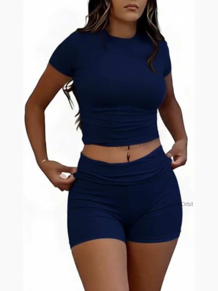 2 Piece Tracksuit Slim Short Sleeve Top Low Rise Foldover Shorts Streetwear